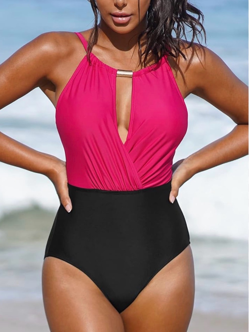 Lulu's Fuchsia and Black Halter One-Piece Swimsuit